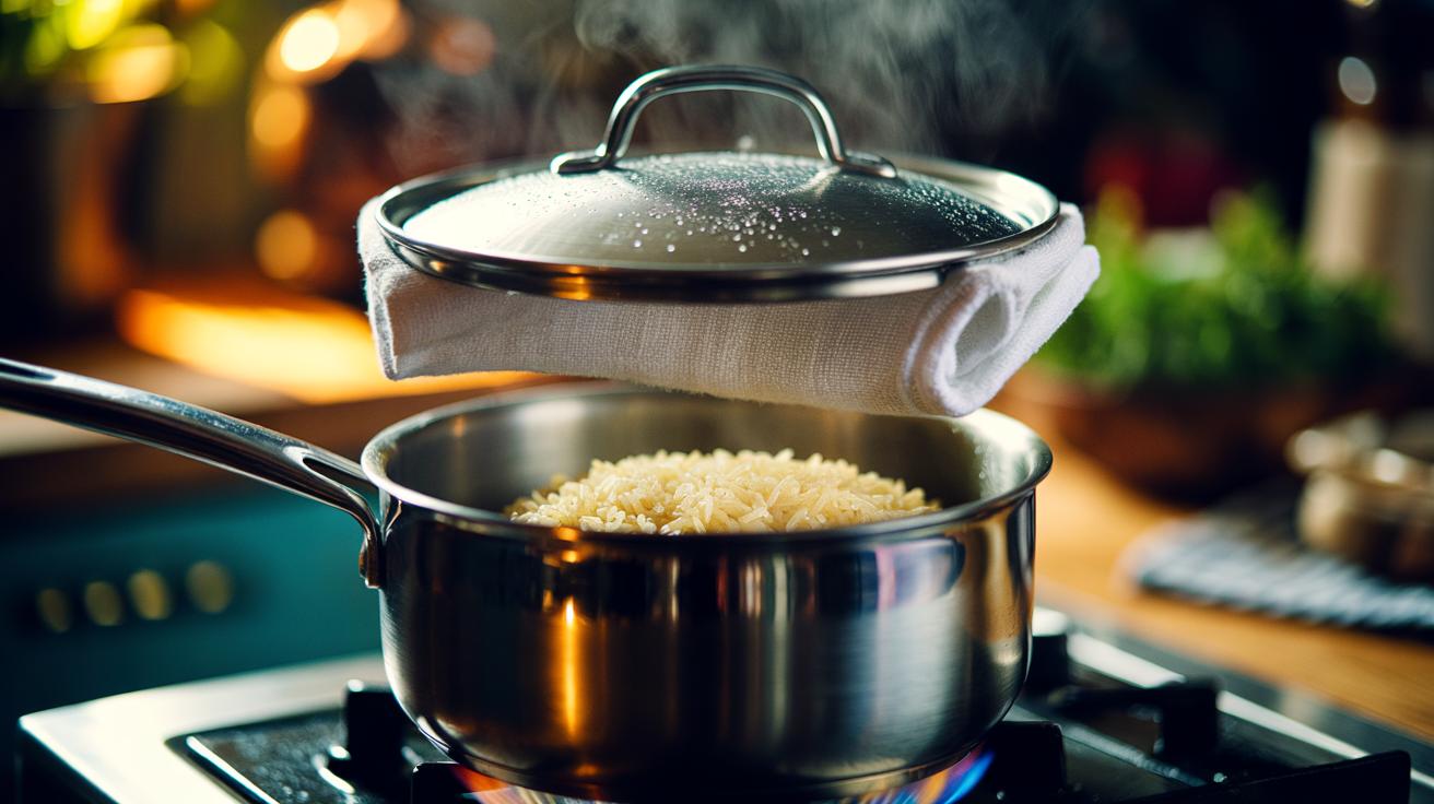 Illustration of a saucepan of rice with a tea towel tucked beneath the lid to absorb condensation and prevent sogginess