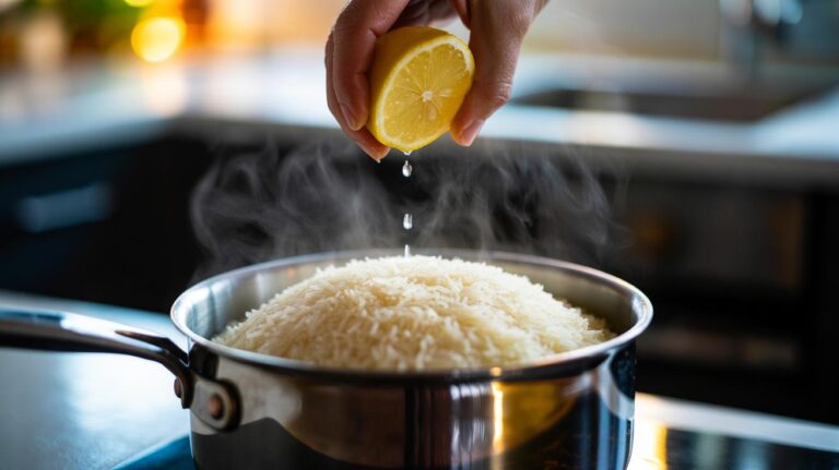 Illustration of fluffy long-grain rice being cooked with lemon juice to achieve separate grains