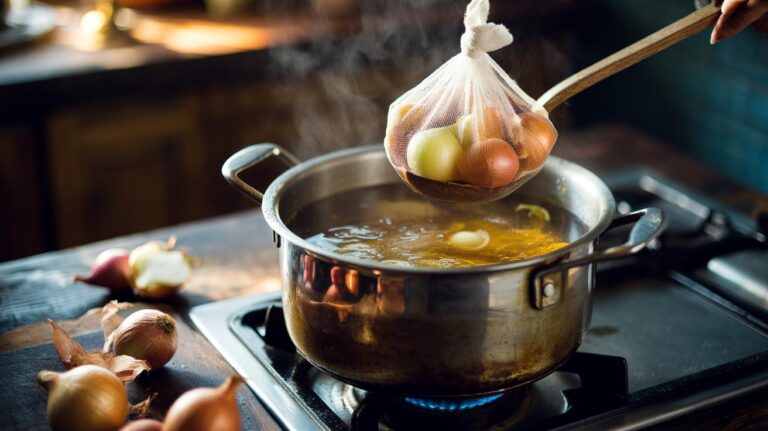 Illustration of onion skins steeping in a simmering stockpot to add flavour depth