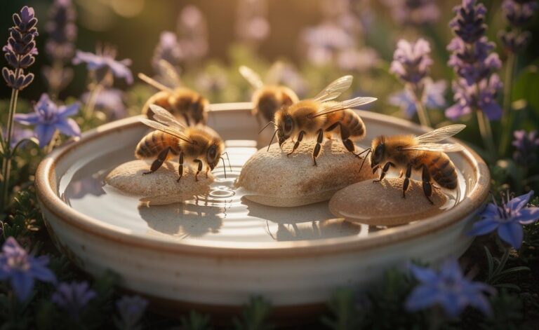 Illustration of bees drinking from a shallow dish of sugar water with pebbles in a garden, showing a temporary, safe method to attract pollinators
