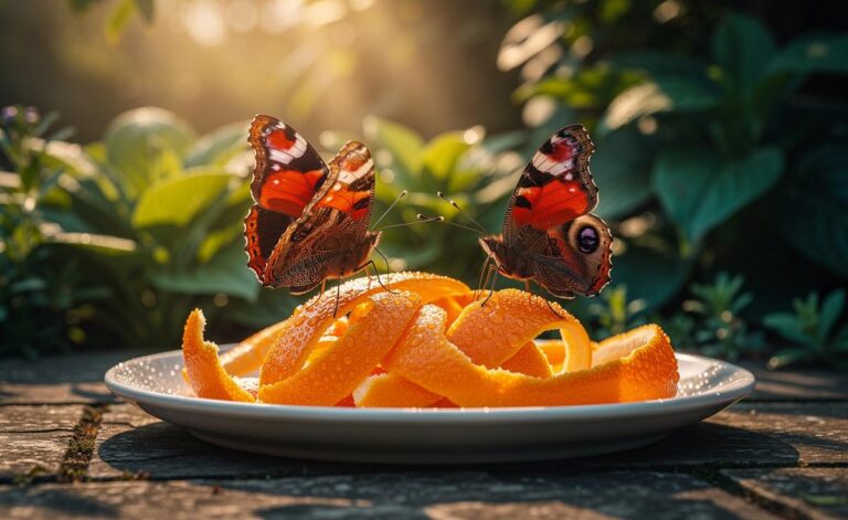 Illustration of butterflies feeding on leftover orange peels placed on a garden saucer to attract them naturally