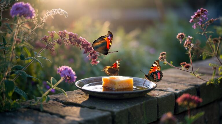 Illustration of butterflies sipping sugar water from a sponge-lined feeder beside nectar-rich flowers in a UK garden