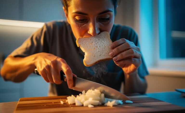 Illustration of a person chopping an onion while biting a slice of bread to prevent tears