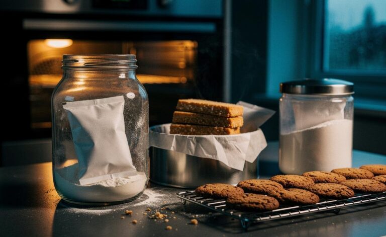 Illustration of silica gel packs placed with baking ingredients and storage containers to control humidity and ensure even, crisp results