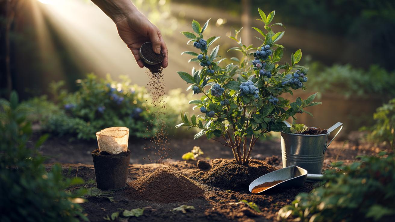 Illustration of leftover coffee grounds being applied as a thin mulch to garden soil to help balance acidity for acid-loving plants