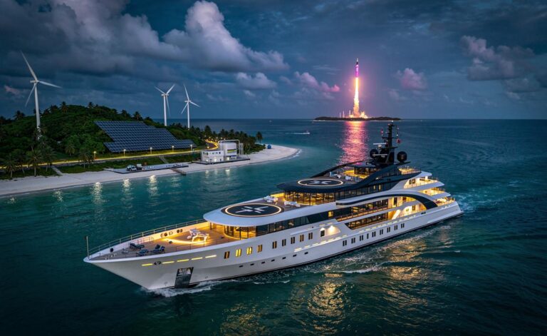 Illustration of billionaires’ latest extravagance: hyperyachts, private islands with microgrids, and orbital missions with astronomical price tags