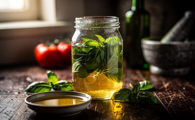Illustration of fresh basil leaves steeping in mild vinegar to enhance aroma and taste within a few hours