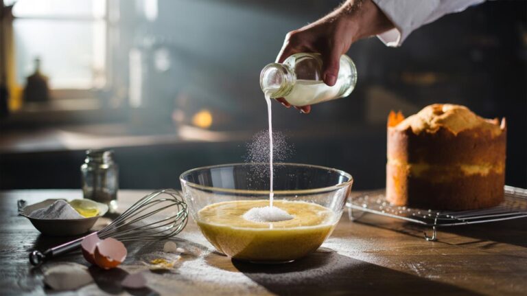 Illustration of vinegar being added to cake batter with bicarbonate of soda to ensure a fluffy, well-risen sponge