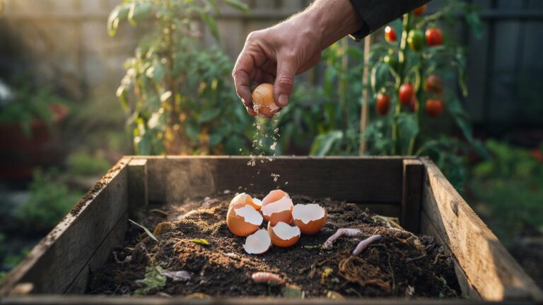 Illustration of finely crushed eggshells being sprinkled into a garden compost heap to add slow-release calcium for nutrient-rich soil