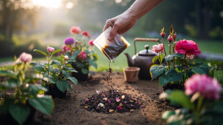 Illustration of used tea leaves being spread as mulch around blooming garden flowers