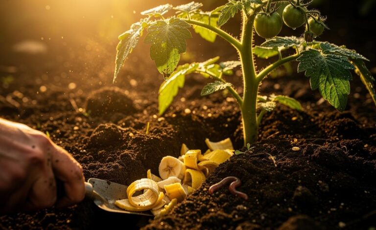 Illustration of chopped banana peels being buried in garden soil near plant roots to deliver nutrients within two weeks