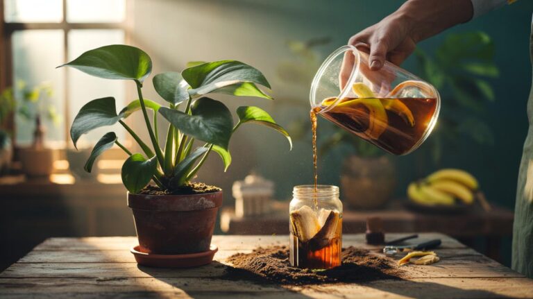 Illustration of banana peels soaking in a jar to make natural fertiliser, with the diluted tea being poured onto a potted houseplant to boost growth in seven days