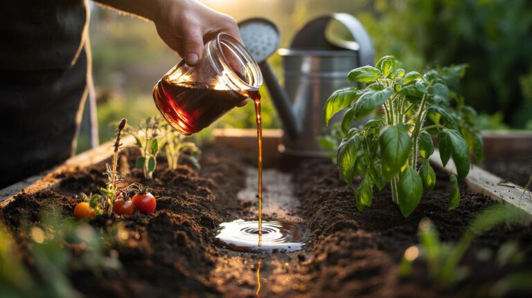 Illustration of unsulphured blackstrap molasses being diluted and applied to garden soil to feed beneficial microbes and boost plant growth