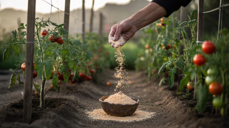 Illustration of crushed eggshell powder being added to the soil around tomato plants to enhance flavour, prevent blossom end rot, and increase fruit size