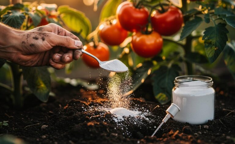 Illustration of a gardener adding baking soda to tomato plant soil to gently raise pH and boost fruit sweetness in a few weeks