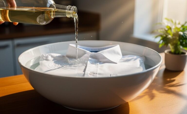 Illustration of white clothes soaking in a basin with white distilled vinegar to restore brightness in five minutes