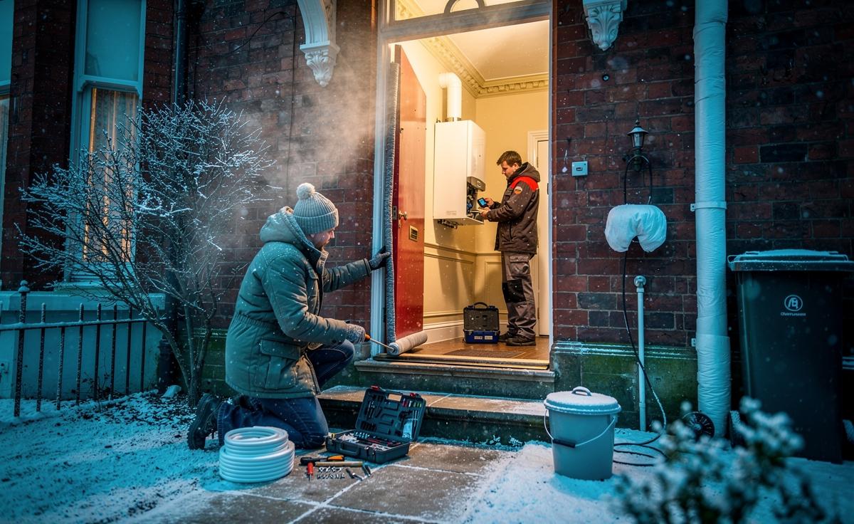 Illustration of a UK home undergoing winter preparation: boiler servicing, draught-proofing, pipe lagging, gutter clearing, and safety checks