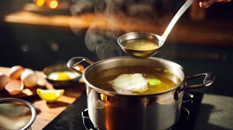 Illustration of egg whites clarifying stock by forming a raft that binds impurities to produce a clear soup