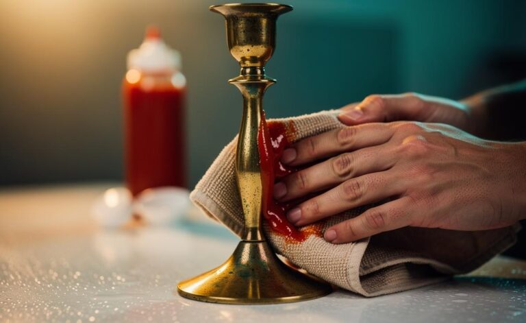 Illustration of ketchup being applied to a brass object to remove tarnish