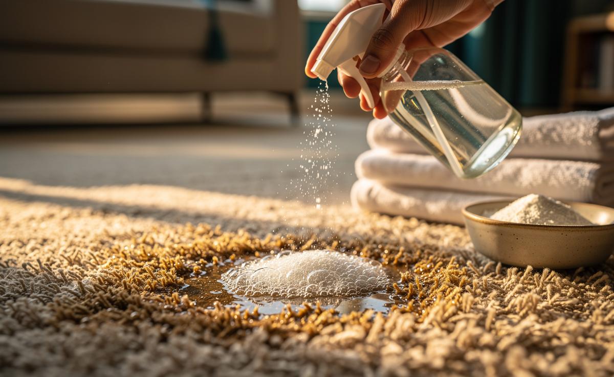Illustration of cleaning a greasy carpet stain with white vinegar and bicarbonate of soda using the 10-minute fizz method