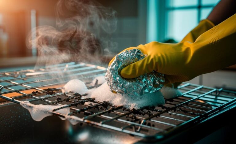 Illustration of crumpled aluminium foil balls scrubbing baked-on grease from chrome oven racks over a sink with soapy hot water
