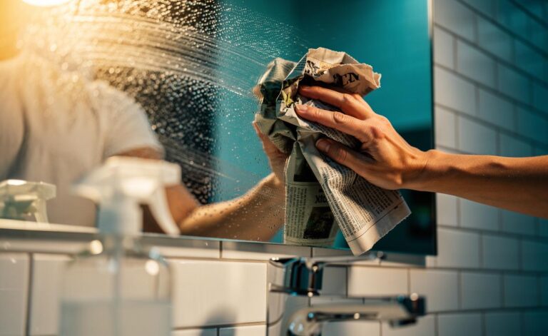 Illustration of cleaning a bathroom mirror with crumpled newspaper to achieve a streak-free, gleaming finish