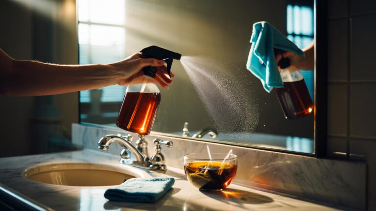 Illustration of cleaning a bathroom mirror with cooled black tea from tea bags, applied with a spray bottle and wiped with a microfibre cloth for a streak-free finish