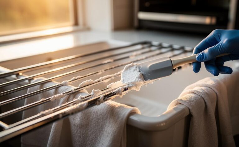 Illustration of thick baking soda paste applied to oven racks to dissolve grease overnight