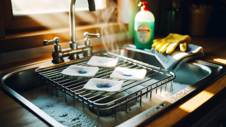 Illustration of oven racks soaking in warm water with dryer sheets and washing-up liquid