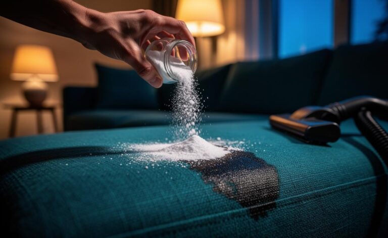 Illustration of baking soda sprinkled on upholstery overnight to absorb stains and odours