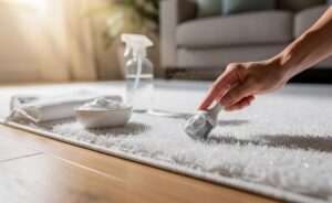 Illustration of baking soda paste being applied with a soft brush to a white carpet to lift stains in 10 minutes without bleach
