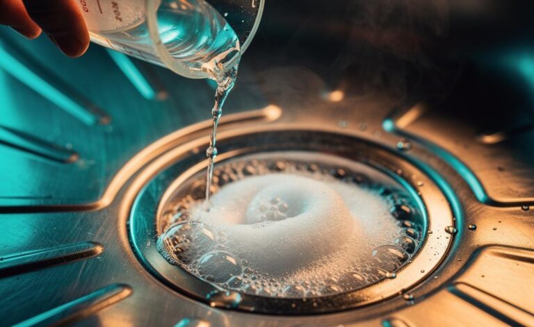 Illustration of baking soda and vinegar creating a bubbling reaction in a sink drain to clear a clog in 10 minutes