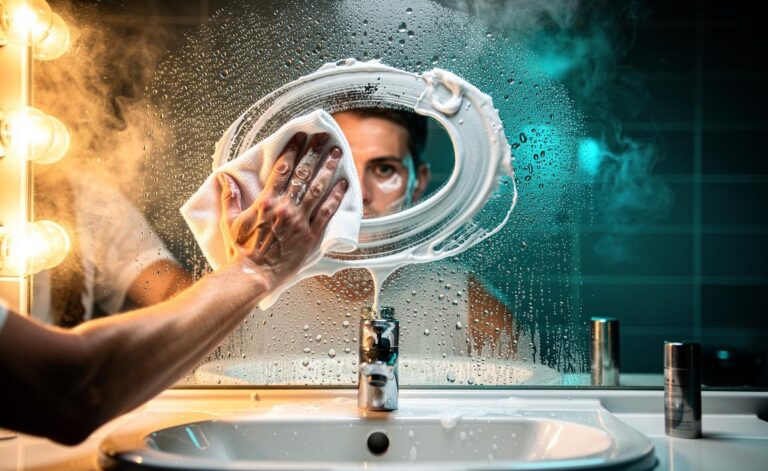Illustration of a hand buffing shaving cream onto a bathroom mirror to wipe away steam buildup instantly