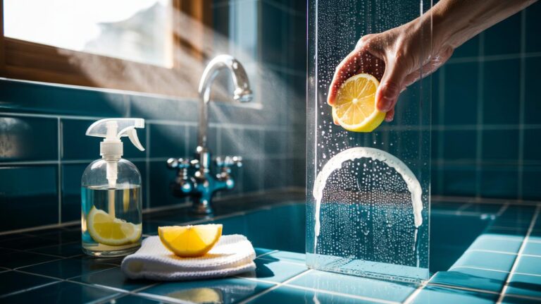 Illustration of lemon juice being applied with a cut lemon to dissolve hard water spots on a shower glass panel and chrome tap