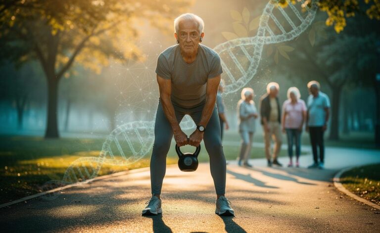 Illustration of common myths about aging and science-backed realities on decline, brain health, exercise, and genetics