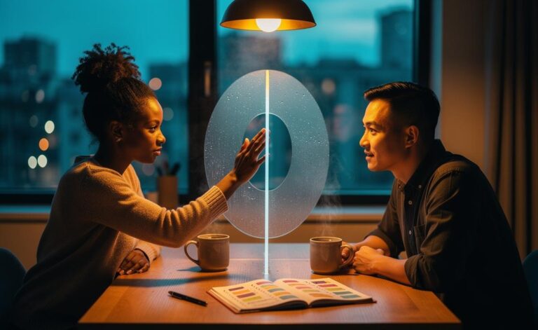 Illustration of a couple confronting the mind-reading trap in their relationship and choosing clarity over assumptions