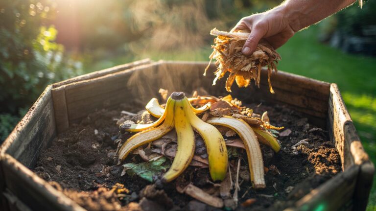 Illustration of banana peels layered into a home compost heap to accelerate decomposition.
