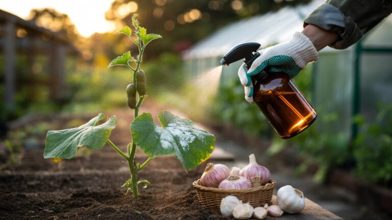 Illustration of a gardener applying a garlic-based antifungal spray to garden plants showing powdery mildew to prevent fungal disease