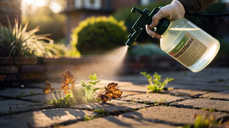 Illustration of a hand spot-spraying household vinegar onto young weeds in paving cracks on a sunny day, with browned, desiccated leaves showing acetic acid burn