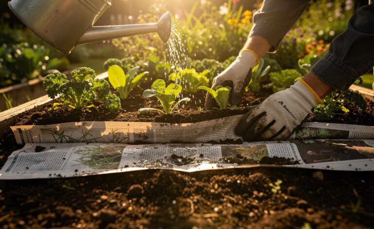 Illustration of overlapping newspaper sheets laid on soil and topped with compost to suppress weeds