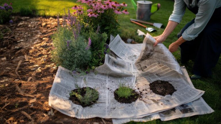 Illustration of overlapping newspaper sheets laid around flowering plants and covered with organic mulch to suppress weeds