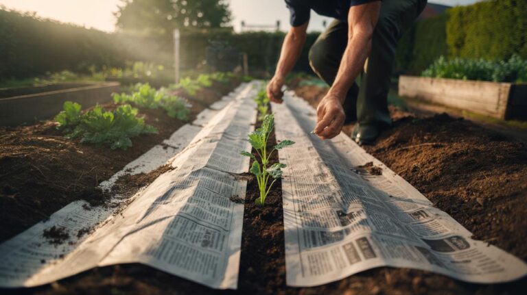 Illustration of newspaper mulch used as a biodegradable barrier to control weeds in a garden bed