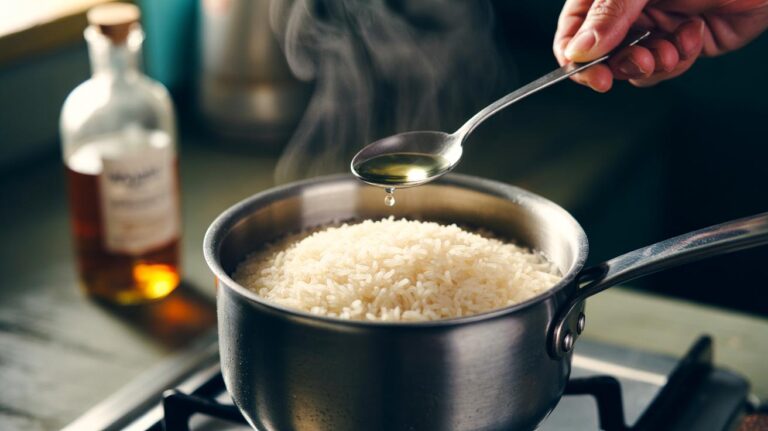 Illustration of a teaspoon of vinegar being added to a pot of rice for fluffier, separate grains