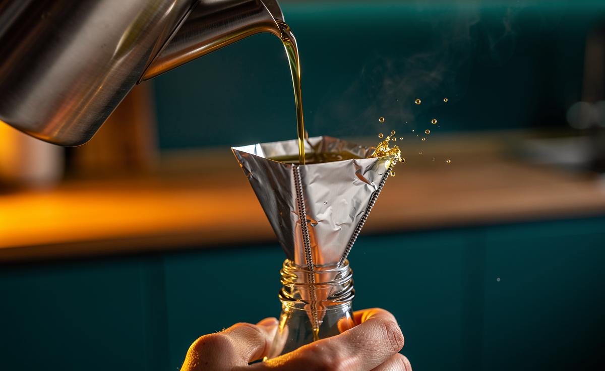 Illustration of creating a quick funnel with aluminium foil using an easy fold to make a perfect spout in seconds