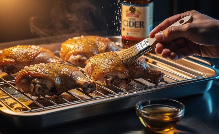 Illustration of chicken pieces with crisp, golden skin produced by a quick vinegar brush and a 20-minute roast