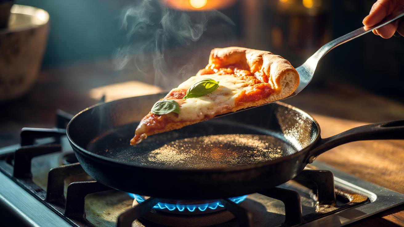 Illustration of a pizza slice being crisped in a hot cast iron frying pan on a hob, with a golden, crispy base and gently melting cheese