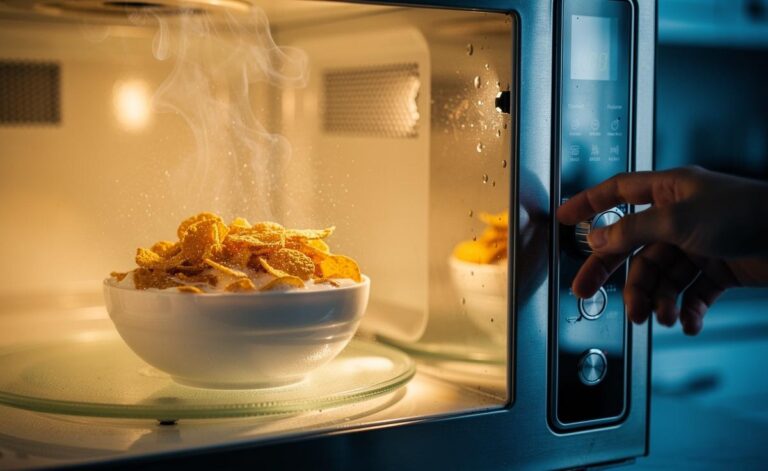 Illustration of a bowl of soggy cereal being restored to crunch with a quick 30-second microwave zap