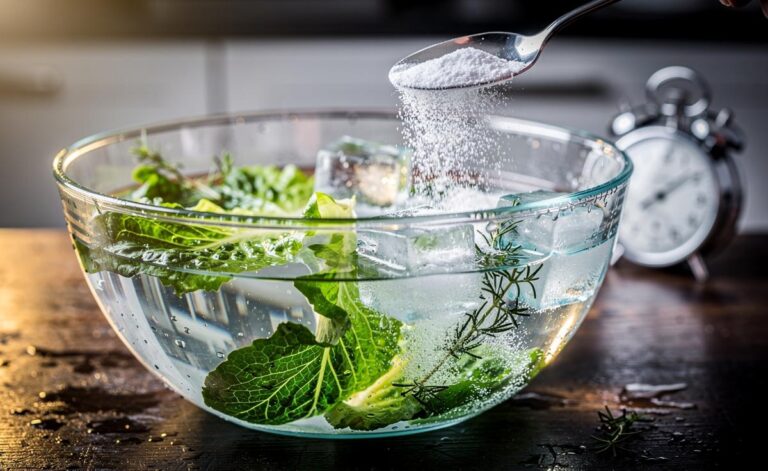 Illustration of wilted vegetables soaking in ice-cold water with a small amount of baking soda for 30 seconds to restore crispness