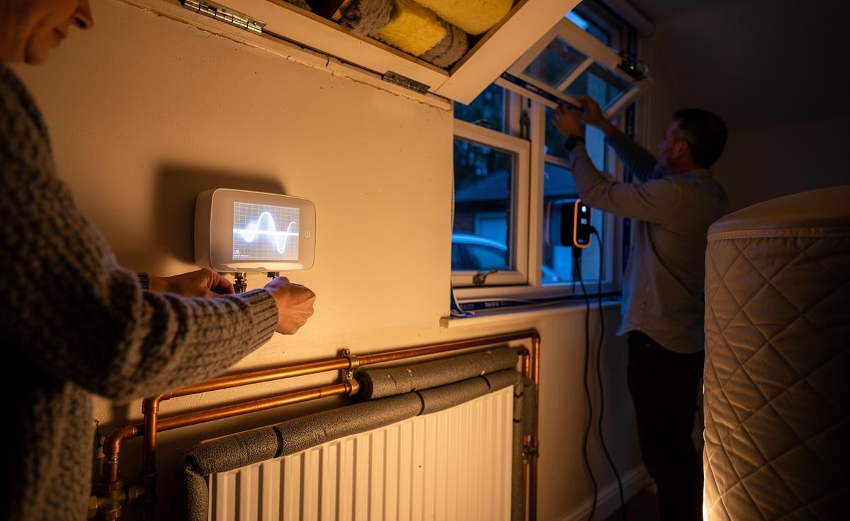 Illustration of a UK household cutting energy bills with expert-backed measures: draught-proofing, smart heating controls, and off-peak scheduling