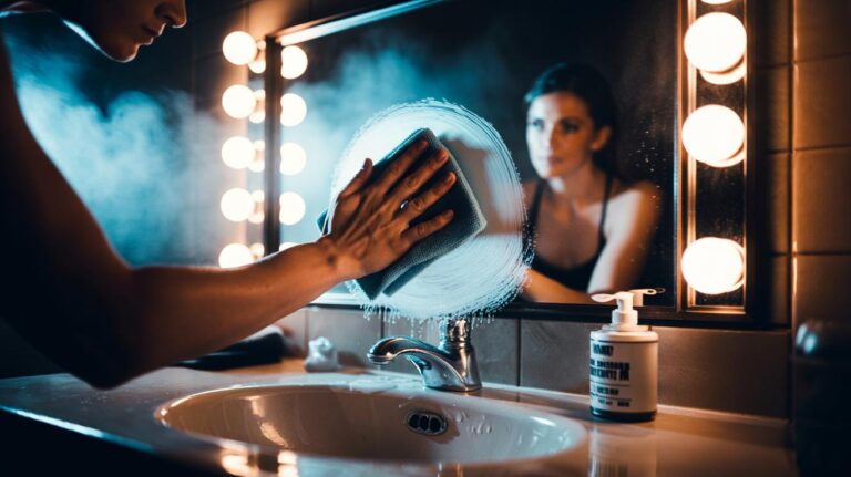 Illustration of a hand applying and buffing shaving cream on a bathroom mirror to prevent fogging